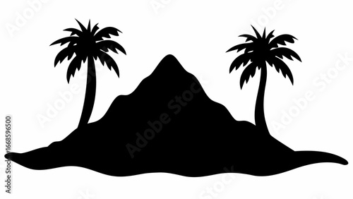 Silhouette of tropical island with mountain and palm trees on white background creating a simple design