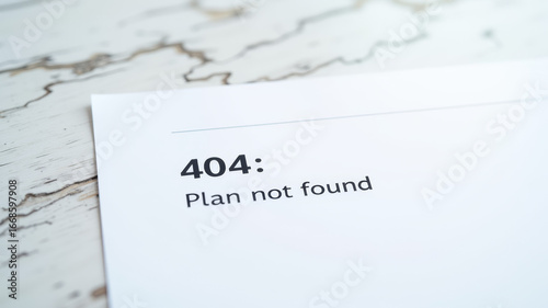 White paper note with black text 404 plan not found placed on marble desk
