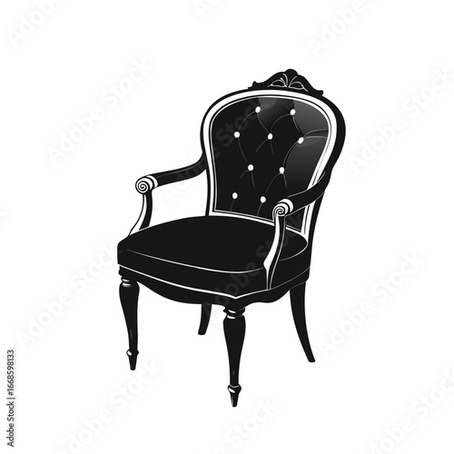 a silhouette of an elegant, classic-style chair with armrests and tufted details on the backrest on white background.