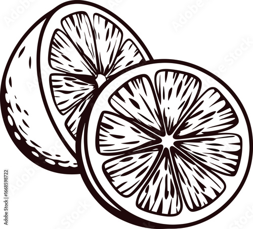 Hand drawn citrus fruit wedge illustration vintage engraved black ink lemon or orange slice cut in half