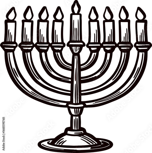 Hand drawn menorah illustration with nine lit candles vintage engraved jewish hanukkah holiday symbol