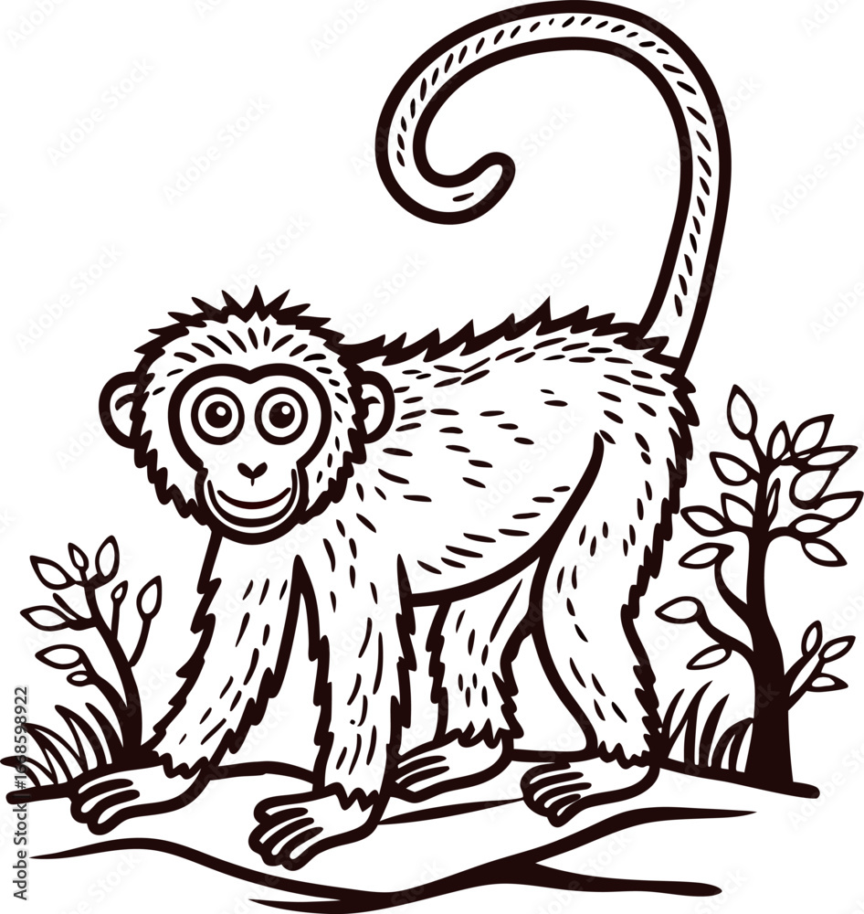 Obraz premium Hand drawn monkey standing on ground with curled tail and trees in background vintage engraved animal illustration