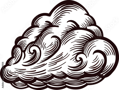 Vintage engraved illustration of swirling cumulus cloud isolated on white, stylized line art weather motif