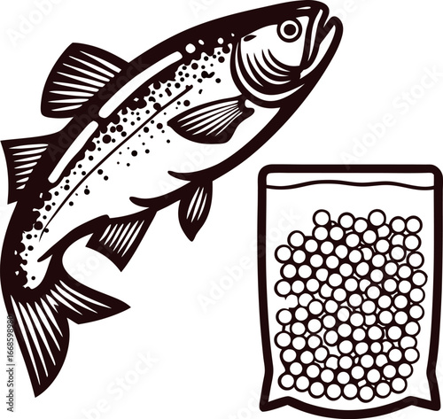 Detailed illustration of a jumping trout fish with a bag of fish pellets beside it on a plain background