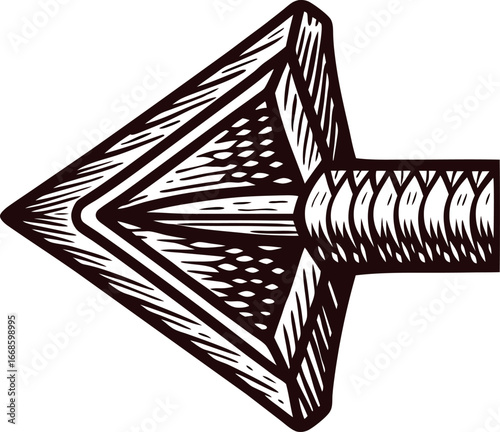 Vintage engraved illustration of a hand drawn leftward arrowhead with intricate woodcut pattern details