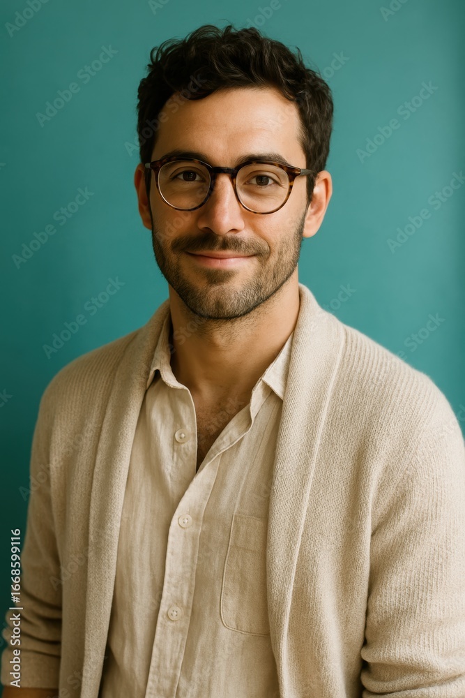 Young hispanic male with glasses in casual outfit against teal background