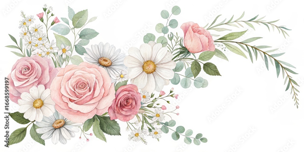 Obraz premium Delicate pink roses and daisies floral arrangement with greenery isolated on white background