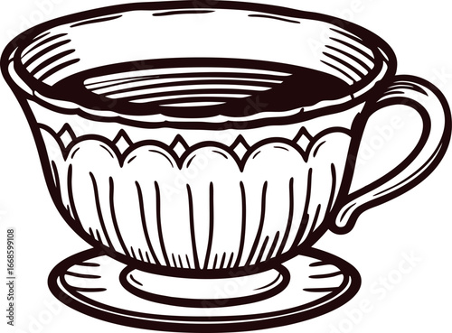 Elegant vintage teacup with ornate pattern illustration hand drawn antique ceramic cup and saucer outline