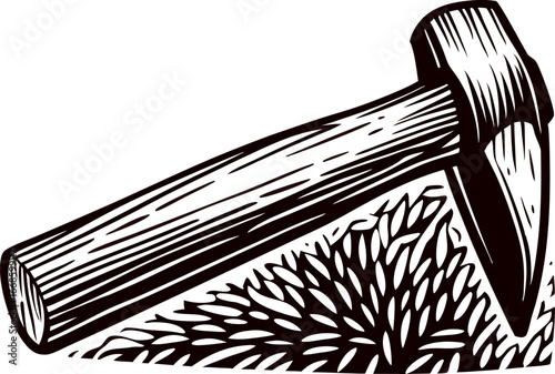 Hand drawn pickaxe on textured ground vintage woodcut illustration of mining tool