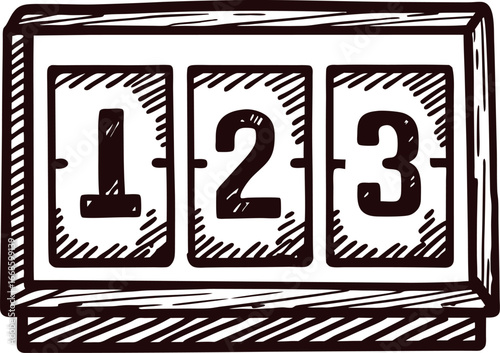 Vintage engraved sketch of mechanical flip scoreboard displaying numbers 1, 2, and 3 in rectangular wooden frame