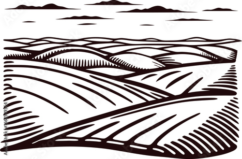 Rolling hills and plowed farmland landscape in vintage woodcut engraving illustration