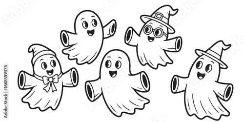 CUTE GHOST WEARING WITCH HAT outline coloring book page line art vector illustration