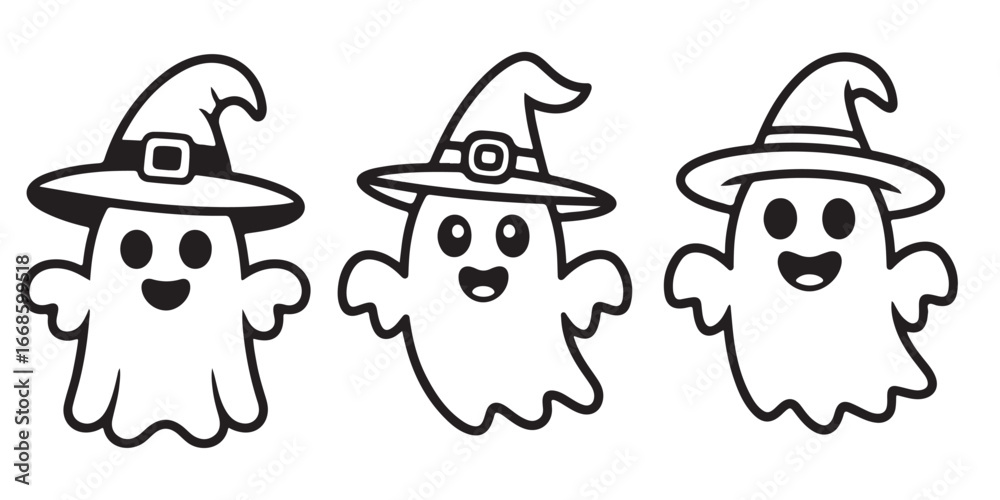 Fototapeta premium CUTE GHOST WEARING WITCH HAT outline coloring book page line art vector illustration