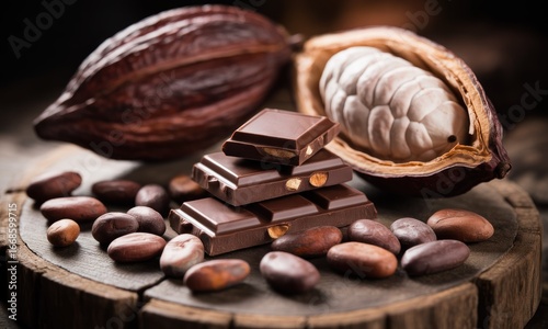 Dark chocolate bars and cacao pods on a rustic wooden surface.  Cacao beans, pods, and pieces of chocolate are arranged in a still life