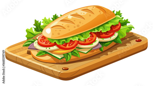 Very beautiful Fresh hoagie sandwich with sesame bun, sliced tomatoes, grilled chicken. Served on wood board. Tasty lunch meal, fast food option or quick snack with salad leaves.  white background