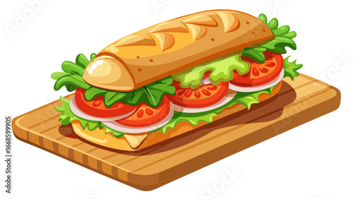 Very beautiful Fresh hoagie sandwich with sesame bun, sliced tomatoes, grilled chicken. Served on wood board. Tasty lunch meal, fast food option or quick snack with salad leaves.  white background