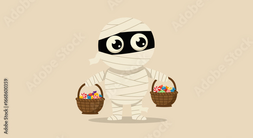 A delightful mummy character with expressive eyes generously offers a basket brimming with colorful Halloween candy in this Flat Design illustration. It's a friendly take on a classic spooky figure.