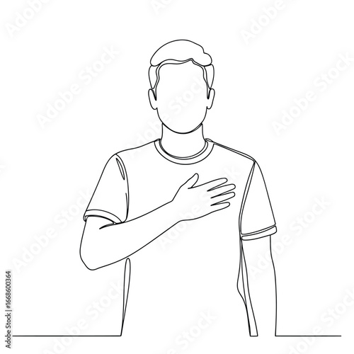 Vector illustration of line drawing of a person with hand on chest