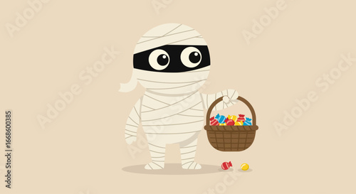 A delightful mummy character with expressive eyes generously offers a basket brimming with colorful Halloween candy in this Flat Design illustration. It's a friendly take on a classic spooky figure.