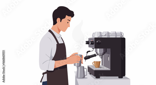 Male barista preparing espresso coffee with a professional machine, isolated white background.