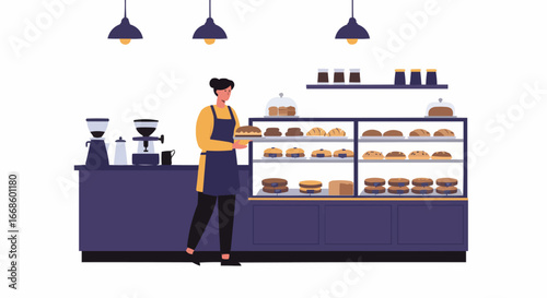 Male barista working behind the counter in a modern coffee shop with display cases of pastries and cakes.