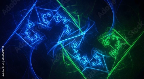 Geometric fractal design with sharp lines and glowing blue and green neon lights