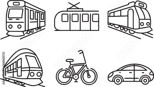 Public transport bicycle bus car line art vector icon set. Transportation flat black outline icons for Web and App. Editable illustration linear