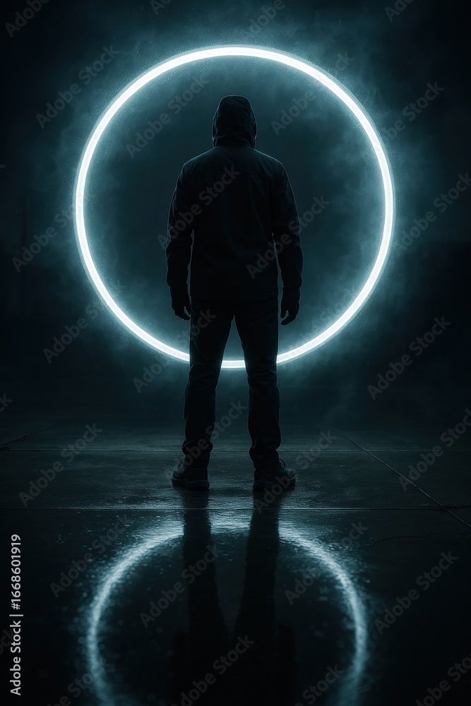 Fototapeta premium Silhouetted figure in front of luminous circle in dark atmospheric setting
