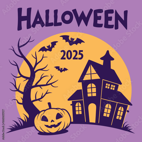 Vector art of halloween night with haunted house and pumpkin
