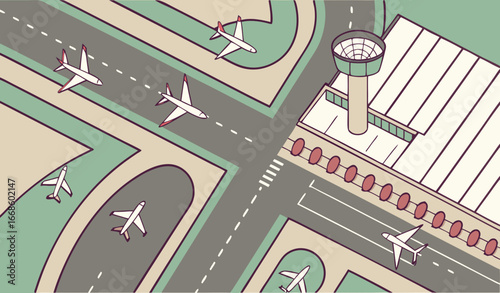 Airport runway with aircrafts top view. Aviation banner. Overhead of terminal for flight, landing and take off of airplanes. Airdrome with planes on airstrips background. Flat vector illustration