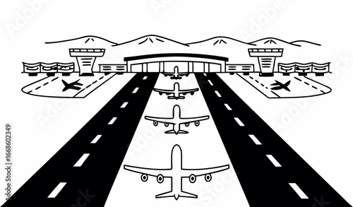Airport runway with aircrafts top view. Aviation banner. Overhead of terminal for flight, landing and take off of airplanes. Airdrome with planes on airstrips background. Flat vector illustration