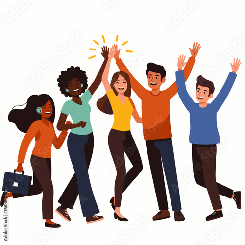 A diverse group of happy professionals high-fiving and celebrating their shared success and teamwork in a vibrant, collaborative environment.