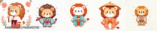 cute lion vector in kimono costume