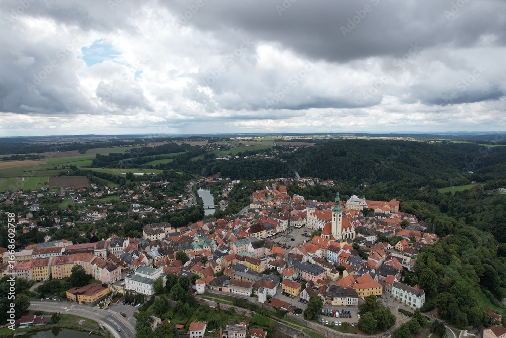 Fototapeta premium Tabor old town historical city center aerial view with medieval structures Bohemia Czech republic
