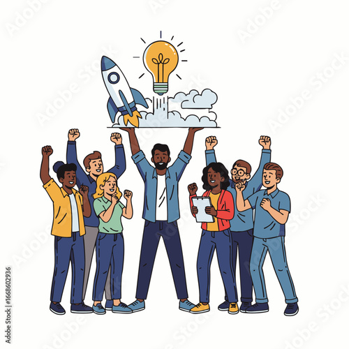 A diverse and enthusiastic team of professionals celebrates a successful startup launch, symbolizing collective innovation, collaboration, and the achievement of business goals.