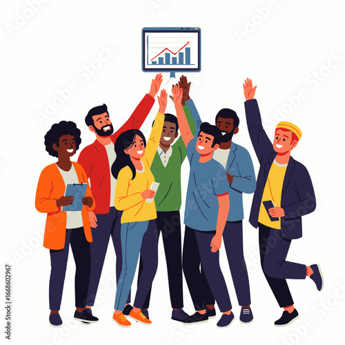 A diverse and enthusiastic team of professionals celebrates a significant business achievement, demonstrating successful collaboration and shared goals towards market growth.