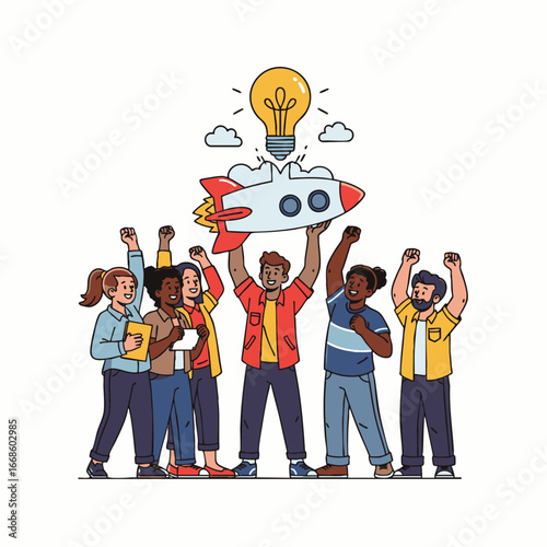 A diverse and enthusiastic team of creative professionals celebrates a successful startup launch, symbolizing innovation, collaboration, and the exciting development of new ideas.