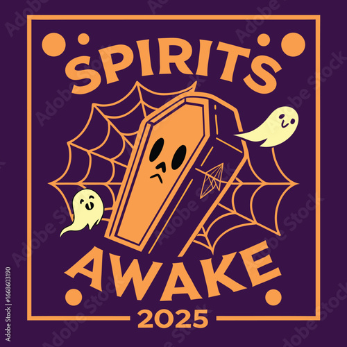 Vector art of spirits awake coffin and ghost halloween graphic