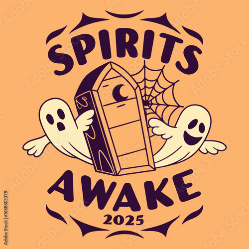 Vector art of spirits awake coffin and ghost halloween graphic