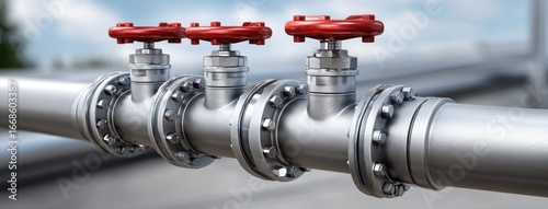 Industrial valves and piping system observed under a clear blue sky at a manufacturing facility during mid-morning hours