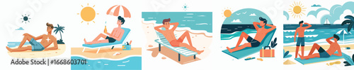 vector of young man sunbathing on the beach