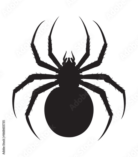 Simple black spider silhouette icon. A clean vector graphic illustration of a spooky arachnid insect, isolated on a white background for design