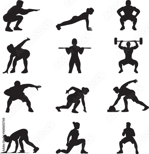 Workout exercise silhouette vector: fitness, training, and bodybuilding icons eps
