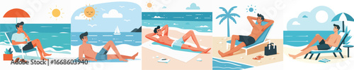 vector of young man sunbathing on the beach