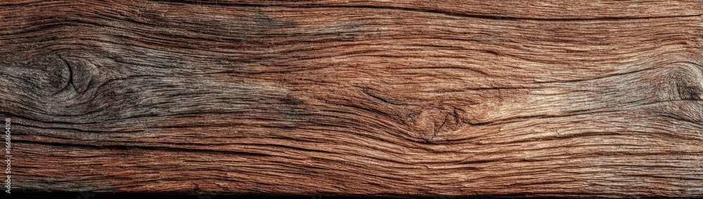 Naklejka premium Dark brown wood grain texture, showing deep grooves, knots, and color variations from dark grey to reddish-brown hues