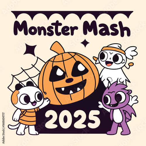 Vector art of monster mash 2025 with cute cartoon characters