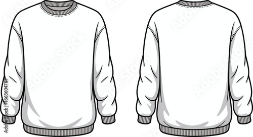 Unisex crewneck sweatshirt flat sketch showing front and back view for apparel template, fashion design mockup, and clothing illustration