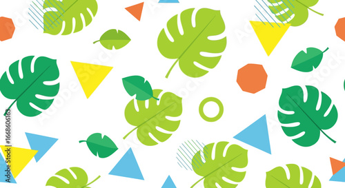 Seamless vector pattern of tropical monstera leaves whisked with abstract geometric shapes, a vibrant and playful summer background illustration