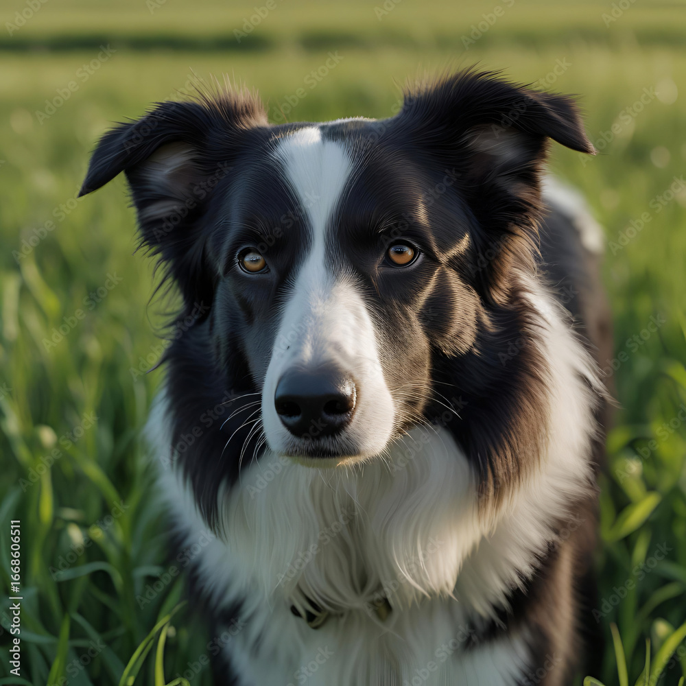 Fototapeta premium A loyal dog stands gracefully in a lush field of green grass, a beautiful and serene image of a cherished companion in nature.