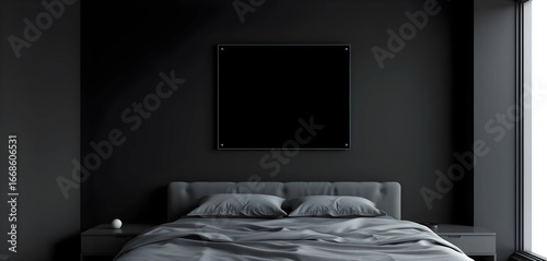  A futuristic bedroom with matte black wall, one floating holographic poster mockup above a low bed.